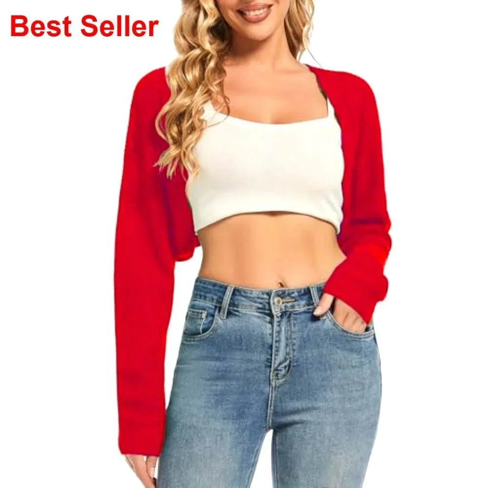 Long Sleeve Cropped Cardigan Shrug Open Front Knit Bolero for Dresses